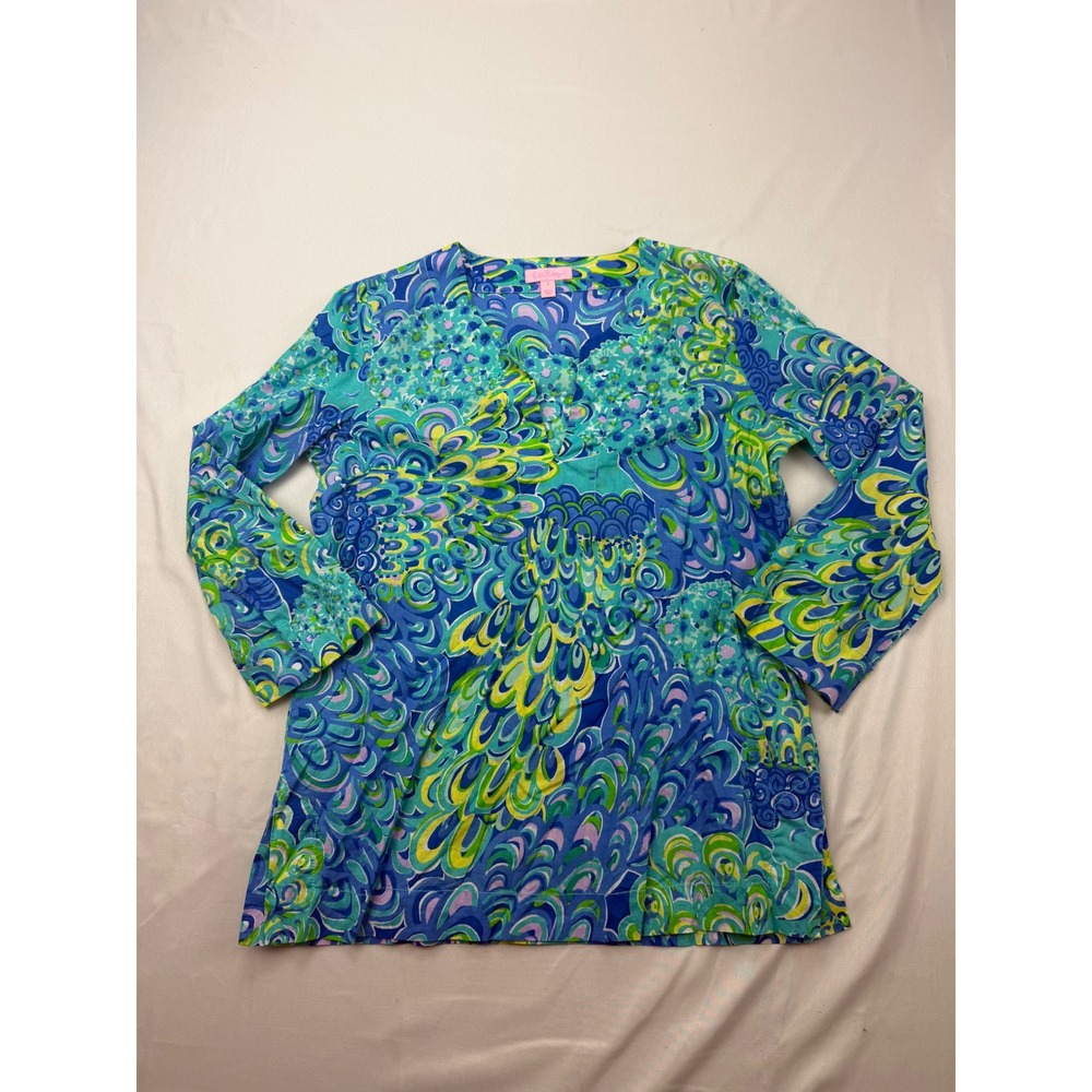 Lilly Pulitzer Tunic Top Women Small Blue Green Peacock Paisley Cotton 16523